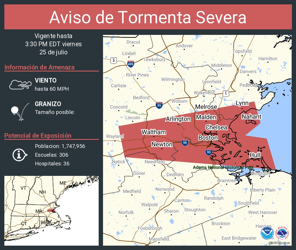 Aviso de Tormenta Severa incluye Boston MA, Cambridge MA, Lynn MA hasta las 3:30 PM EDT