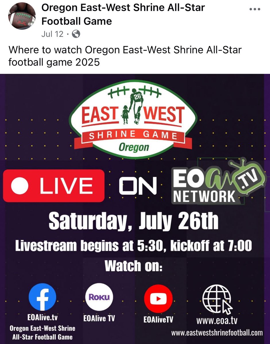 domdifrancisco (@domdifrancisco) on Twitter photo Gameday tomorrow night!
Honored to represent <a href="/CadaRangersFB/">Estacada Rangers</a> in the 2025 Oregon East-West Shrine Football All-Star Game. Gameday tomorrow night!
Honored to represent <a href="/CadaRangersFB/">Estacada Rangers</a> in the 2025 Oregon East-West Shrine Football All-Star Game.