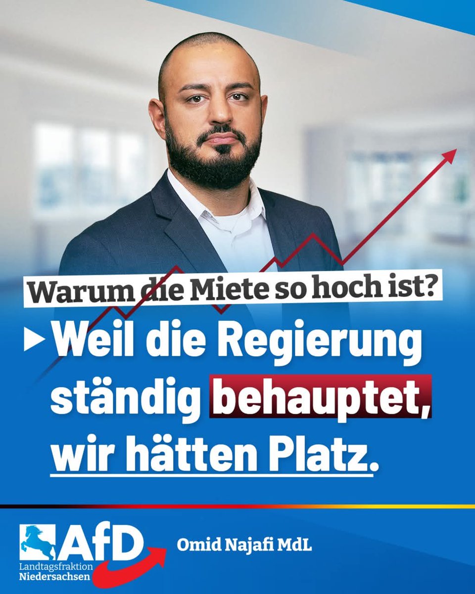 AfDFraktionNDS's tweet image. ++ Linke Willkommenspolitik macht Wohnen zum Luxus! ++
„Wer ständig in die Welt hinausruft, dass Deutschland für alle Welt offenstehe, der darf sich über die Folgen nicht wundern“, meint Omid @omidnajafi_afd, Sprecher für Wirtschaft, Bauen und Digitalisierung der #AfD-Fraktion…