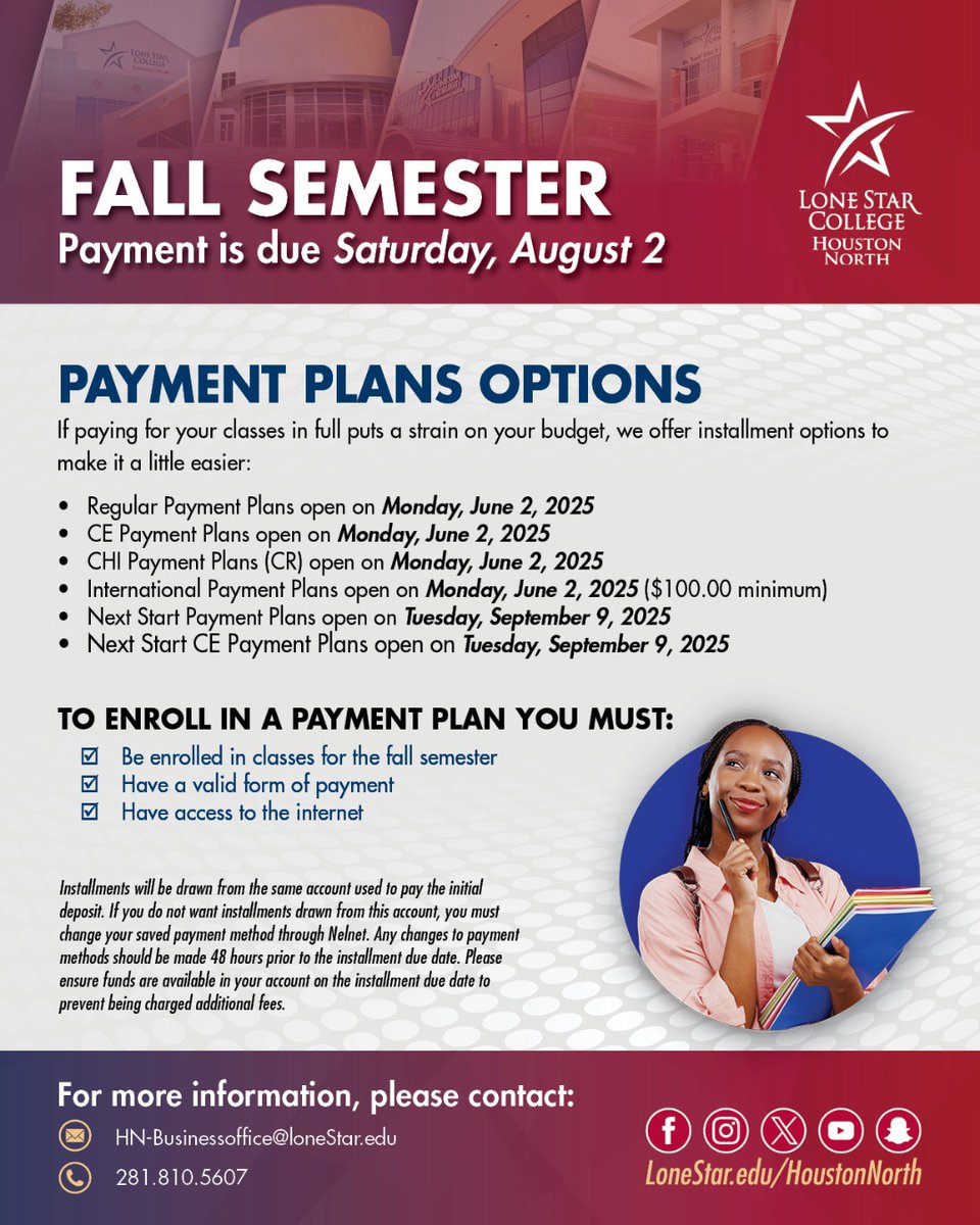 LSCHoustonNorth's tweet image. If paying for classes puts a strain on your budget, payment plans are here to make things easier!💸 

To enroll in a payment plan, you must:
-Be enrolled in classes for fall semester
-Have a valid form of payment
-Have access to the internet