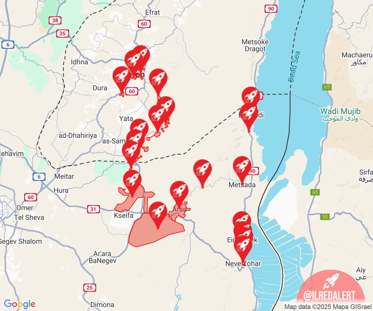 ILRedAlert's tweet image. 🔴 Rocket Alert [21:38:12] - 20 Alerts 🔴:

• Dead Sea — Dead Sea Hotels, Ein Bokek, Neveh Zohar, Dead Sea Hotels - Center, Massada, Ein Gedi Baths, Ein Gedi
• Judea — Ma&apos;ale Hever, Har Amsha, Beit Hagai, Hevron Jewish Settlement, Beit Yatir, Carmel, Susya, Ma&apos;on, Kiryat Arba…