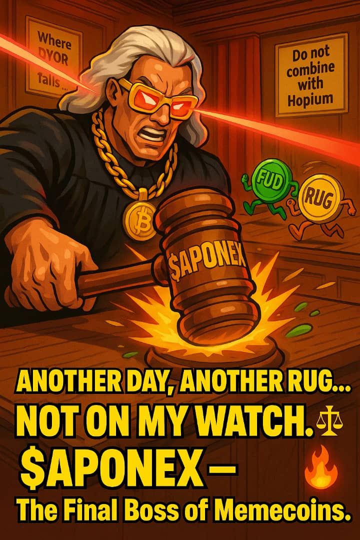 ceewhyweb3's tweet photo. In a world full of scam coins, FUD and broken promises… 
 
One judge stood between chaos and clarity.

 $APONEX - The Shitcoin Shill Judge⚖️

Rugpulls? Guilty.  
Pump-and-dumps? Guilty.  

Justice? Served cold. https://t.co/LTzKx0YgLF