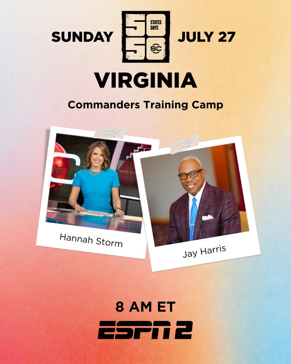 ESPN PR (@espnpr) on Twitter photo Sunday, Day 31 of the #SC50in50 tour stops in Ashburn, Va. for coverage of the <a href="/Commanders/">Washington Commanders</a> training camp
<a href="/HannahStormESPN/">Hannah Storm</a> & <a href="/JayHarrisESPN/">Jay Harris</a> host with live reports, interviews, analysis & more
🏈 8a ET, ESPN2 | 11a ET, ESPN Sunday, Day 31 of the #SC50in50 tour stops in Ashburn, Va. for coverage of the <a href="/Commanders/">Washington Commanders</a> training camp
<a href="/HannahStormESPN/">Hannah Storm</a> & <a href="/JayHarrisESPN/">Jay Harris</a> host with live reports, interviews, analysis & more
🏈 8a ET, ESPN2 | 11a ET, ESPN