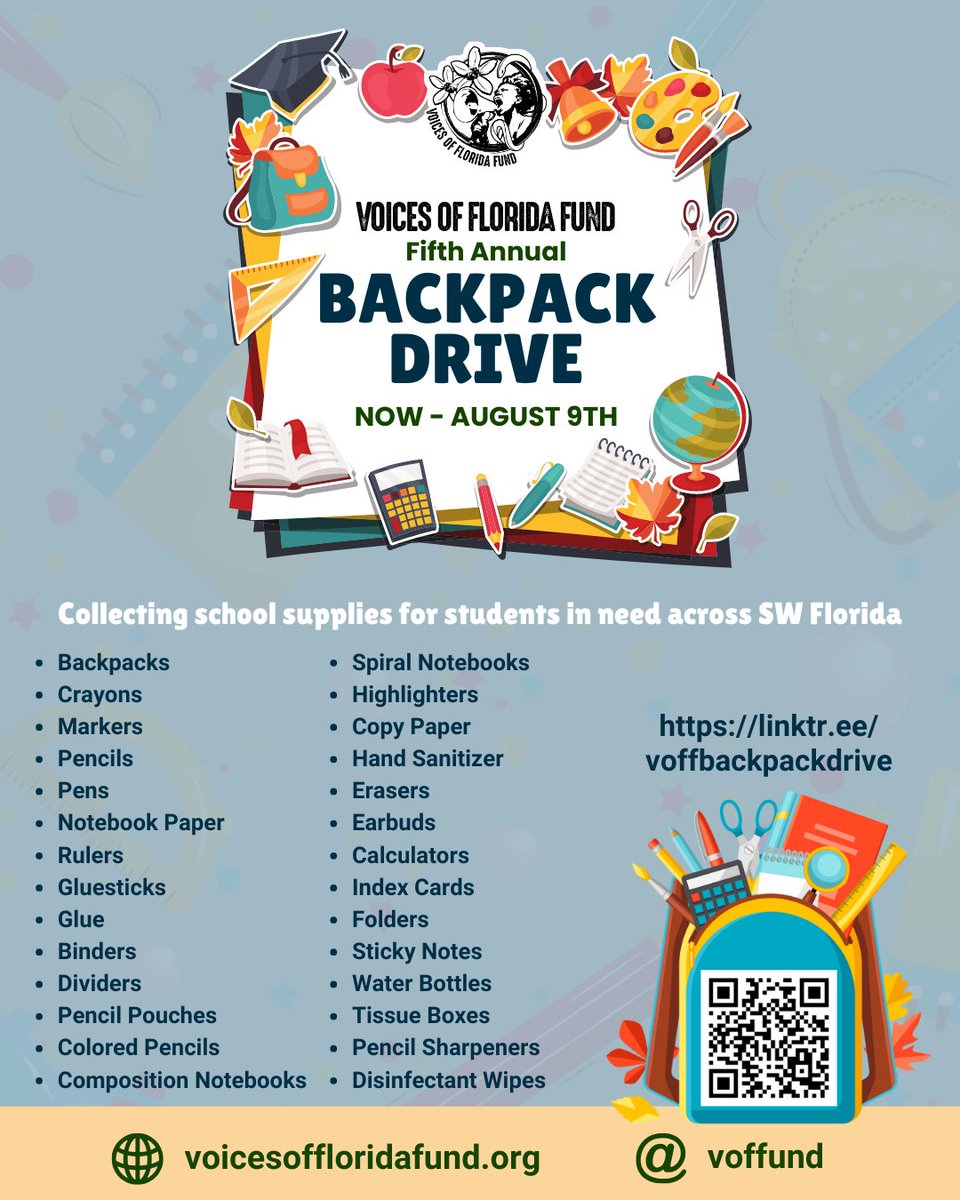 Celebrate our 4th birthday w us in true <a href="/voffund/">Voices of Florida Fund</a> style with joy, power, &amp; community as we dance, play bingo, &amp; award outstanding members of our community. 🥳

📅 Sun, July 27
⏰ 5pm - 9pm
📍Fabulous Arts Foundation

Don’t forget school supplies for our Backpack Drive! 🎒📚✏️