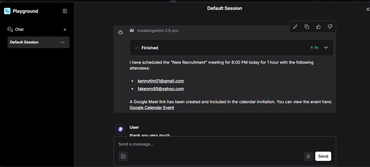 kennytim01's tweet image. 🚀 Just built a simple AI personal assistant using LangFlow + Gemini 2.5 Pro and it works!
It can create meeting links & send them to my team
No-code + LLM = real-world automation.
#LangFlow #GeminiPro #AIassistant #NoCodeAI #LLM #Playmake #GoogleAI #