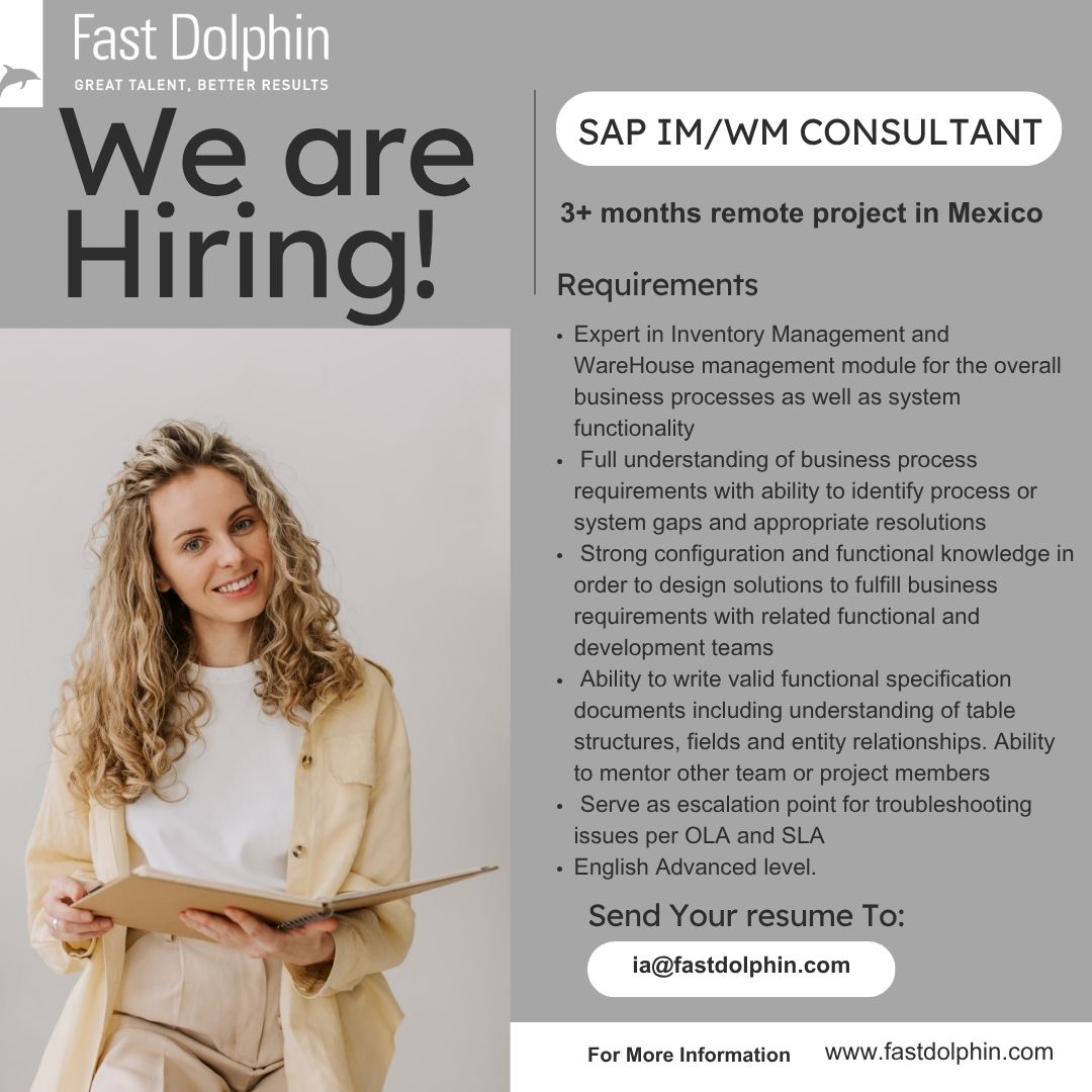 fastdolphin's tweet image. 💸 Referral Bonus Alert! fastdolphin.com/vacante/?ident…
📩 Apply or Refer Now: Message me directly or send CVs/referrals to ia@fastdolhpin.com 

 #SAP #sapwm #sapim #sapwarehousmanagement #sapconsultant