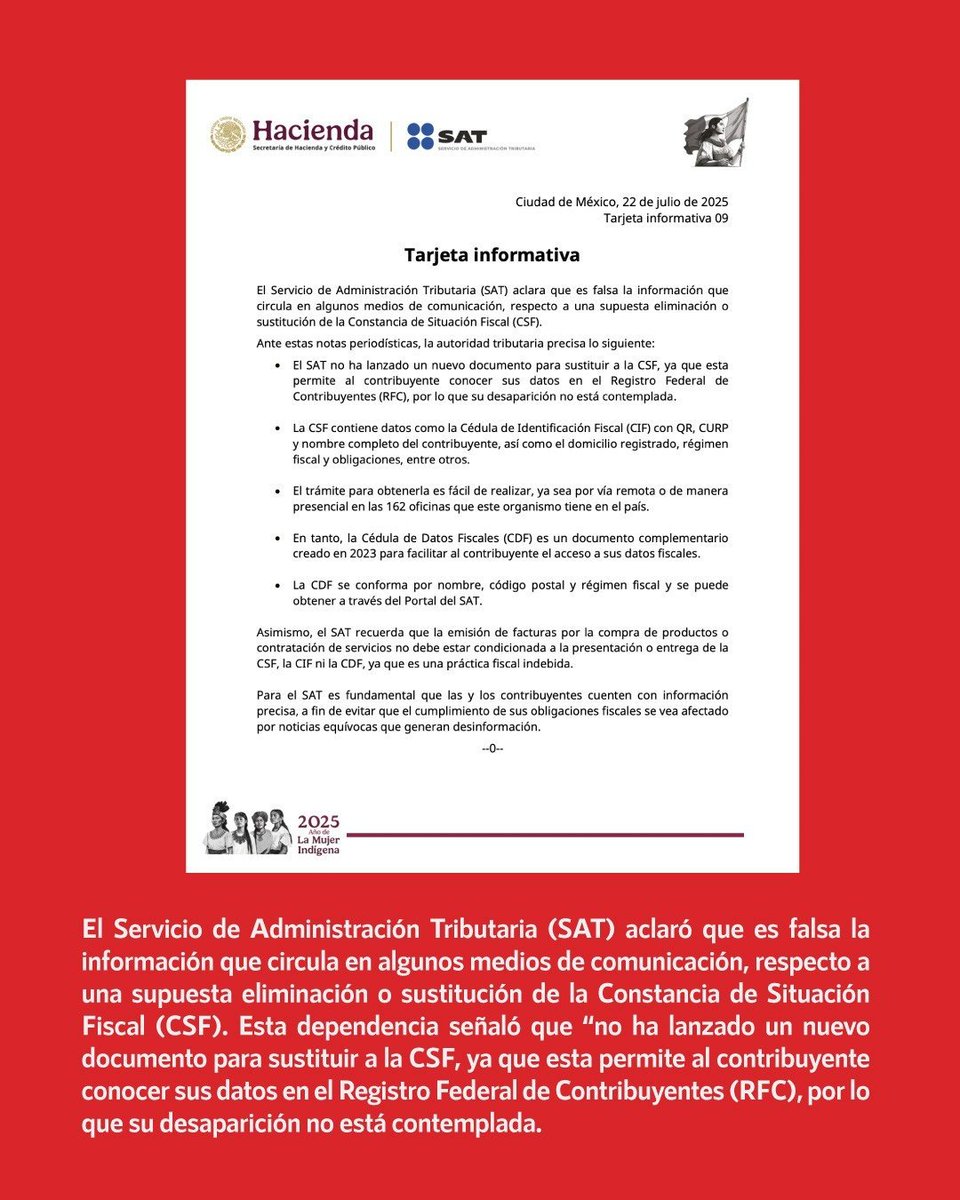 infodemiaMex's tweet image. ❌Falso que el @SATMX eliminó la Constancia de Situación Fiscal
✅El Servicio de Administración Tributaria (#SAT) aclaró que es falsa la información que circula en algunos medios de comunicación, respecto a una supuesta eliminación o sustitución de la Constancia de Situación…