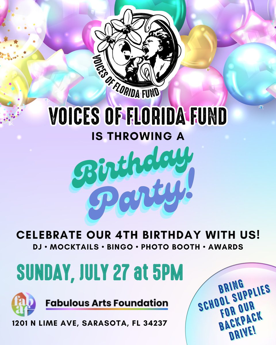 Celebrate our 4th birthday w us in true <a href="/voffund/">Voices of Florida Fund</a> style with joy, power, &amp; community as we dance, play bingo, &amp; recognize outstanding members of our community. 🥳

📅 Sun, July 27
⏰ 5pm - 9pm
📍Fabulous Arts Foundation

Don’t forget school supplies for our Backpack Drive! 🎒📚✏️