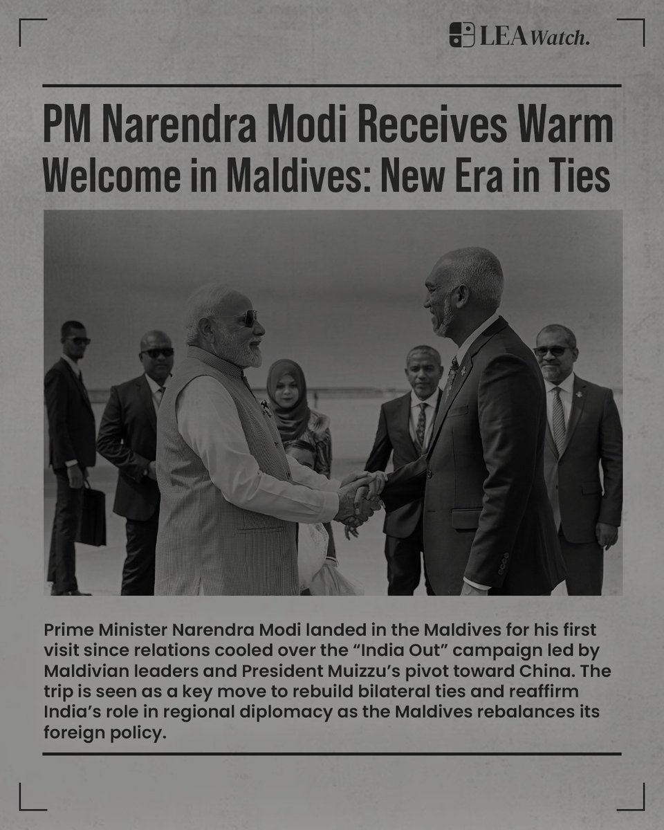 LEA_Watch's tweet image. PM Narendra Modi visits Maldives to strengthen ties after recent diplomatic strains and political shifts. A new chapter in India-Maldives relations begins.
Website Link - lea-watch.org
#PMModi #MaldivesVisit #IndiaMaldives #Diplomacy #BilateralRelations #SouthAsia…