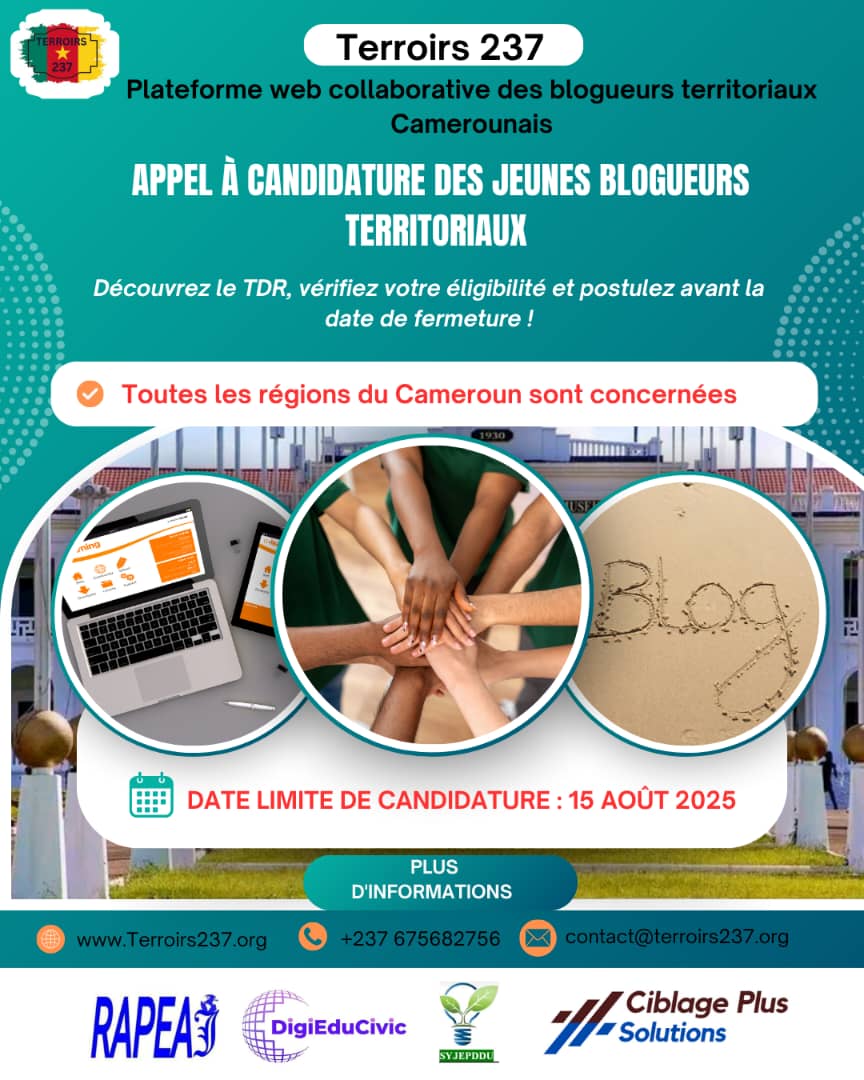 Appel à candidature des blogueurs territoriaux de la deuxième cohorte disponible sur le site de <a href="/Terroirs237/">Terroirs 237</a>. terroirs237.org/index.php/appe…