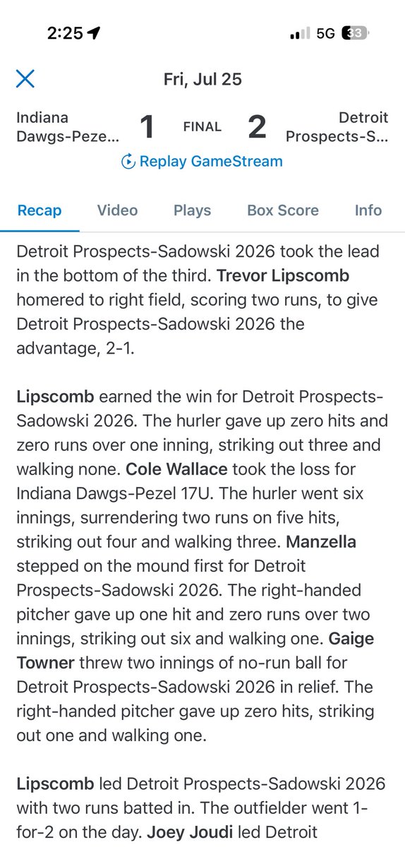 Trevor Lipscomb (@trevor_lipscomb) on Twitter photo Great start to the weekend down in Indiana at the Circle City Cup. #bullpentournaments
Went 1-2 with an inside the park home run and a line out to center.
Came in to close the 7th inning successfully with 3So. Back at it tomorrow! <a href="/GreggSadowski/">Gregg Sadowski</a> <a href="/CoachNahty/">Mike Nahtygal</a> <a href="/DetProsSadowski/">DetroitProspects-Sadowski</a> Great start to the weekend down in Indiana at the Circle City Cup. #bullpentournaments
Went 1-2 with an inside the park home run and a line out to center.
Came in to close the 7th inning successfully with 3So. Back at it tomorrow! <a href="/GreggSadowski/">Gregg Sadowski</a> <a href="/CoachNahty/">Mike Nahtygal</a> <a href="/DetProsSadowski/">DetroitProspects-Sadowski</a>