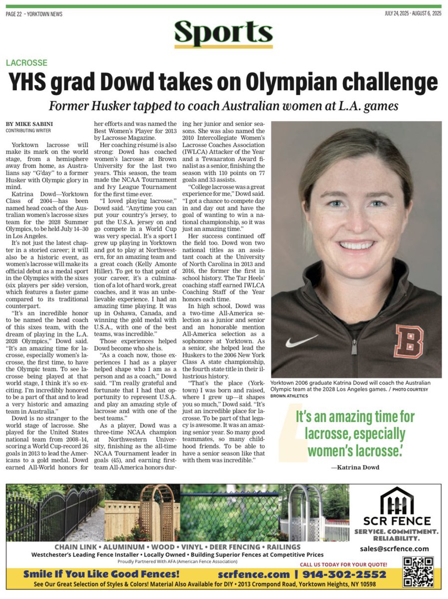 Congratulations Katrina!!!

“That’s the place (Yorktown) I was born and raised, where I grew up—it shapes you so much,” Dowd said. “It’s just an incredible place for lacrosse. To be part of that legacy is awesome...” 💚🥍 🌽