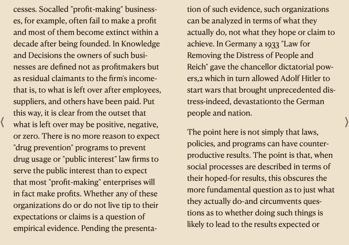 hermittoday's tweet image. analyzing organizations “in terms of what they actually do, not what they hope or claim to achieve” (from the preface to Knowledge and Decision by Thomas Sowell)