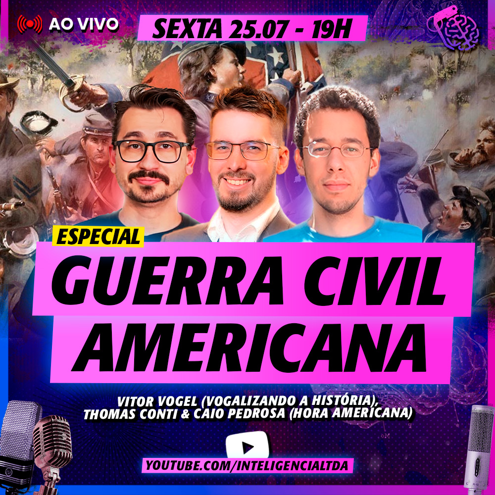 InteligenciaLta's tweet image. THOMAS CONTI, VITOR VOGEL e CAIO PEDROSA são historiadores. Eles vão bater um papo sobre a guerra civil dos Estados Unidos, onde o Norte lutou contra o Sul do país. O Vilela ainda não entende porque o Leste e o Oeste não entraram na guerra.