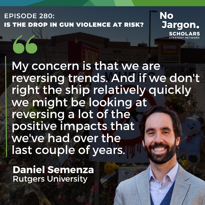 NoJargon (@nojargonpodcast) on Twitter photo Gun violence is down, thanks in part to policies that address its root causes. In this No Jargon episode, <a href="/Dan_Semenza/">Dan Semenza</a> (<a href="/NJGVRC/">NJ Gun Violence Research Center at Rutgers SPH</a>) explains what’s working, what’s at risk, and why cutting federal support could reverse progress.
🎙️ Listen now: scholars.org/podcast/drop-g… Gun violence is down, thanks in part to policies that address its root causes. In this No Jargon episode, <a href="/Dan_Semenza/">Dan Semenza</a> (<a href="/NJGVRC/">NJ Gun Violence Research Center at Rutgers SPH</a>) explains what’s working, what’s at risk, and why cutting federal support could reverse progress.
🎙️ Listen now: scholars.org/podcast/drop-g…