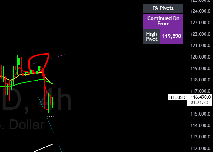 KrownCryptoCave's tweet image. PA Pivots favoring the downside as long as below recent 4h high of ~119,500