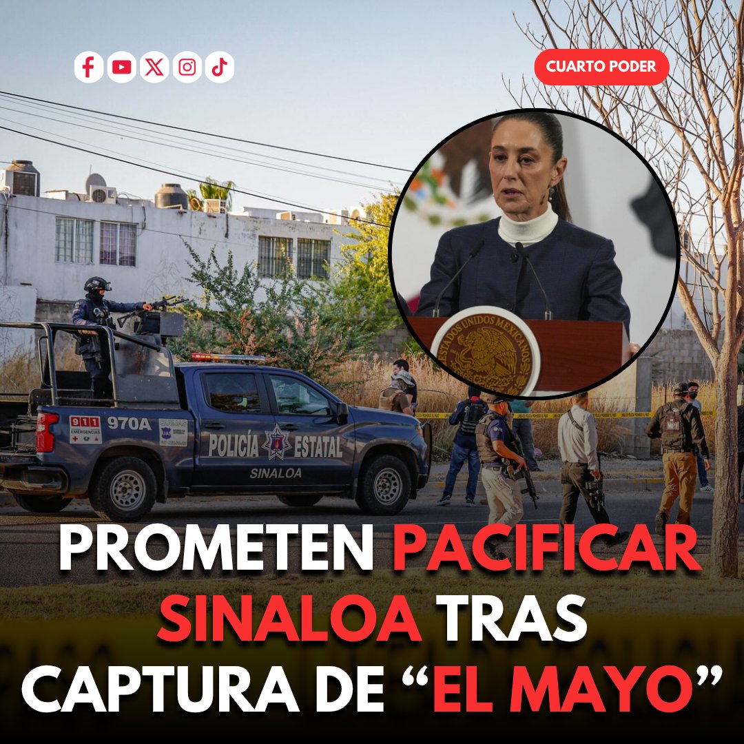 Cuarto Poder (@cuartopodermx) on Twitter photo Sheinbaum promete pacificar #Sinaloa tras ola de violencia por captura del “#Mayo” Zambada
Además, la mandataria <a href="/Claudiashein/">Claudia Sheinbaum Pardo</a> acusó a agencias de #EstadosUnidos de recrudecer la violencia del estado tras su captura. Sheinbaum promete pacificar #Sinaloa tras ola de violencia por captura del “#Mayo” Zambada
Además, la mandataria <a href="/Claudiashein/">Claudia Sheinbaum Pardo</a> acusó a agencias de #EstadosUnidos de recrudecer la violencia del estado tras su captura.
