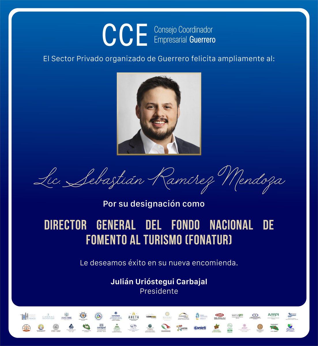 Consejo Coordinador Empresarial Gro (@ccegro_oficial) on Twitter photo Desde el <a href="/CCEGRO_oficial/">Consejo Coordinador Empresarial Gro</a> felicitamos ampliamente al Lic. Sebastián Ramírez Mendoza (<a href="/Sebas_RM/">Sebastián Ramírez Mendoza</a>), por su designación como Director General del Fondo Nacional de Fomento al Turismo (<a href="/FonaturMX/">Fonatur</a>).
Le deseamos éxito en su nueva encomienda. Desde el <a href="/CCEGRO_oficial/">Consejo Coordinador Empresarial Gro</a> felicitamos ampliamente al Lic. Sebastián Ramírez Mendoza (<a href="/Sebas_RM/">Sebastián Ramírez Mendoza</a>), por su designación como Director General del Fondo Nacional de Fomento al Turismo (<a href="/FonaturMX/">Fonatur</a>).
Le deseamos éxito en su nueva encomienda.