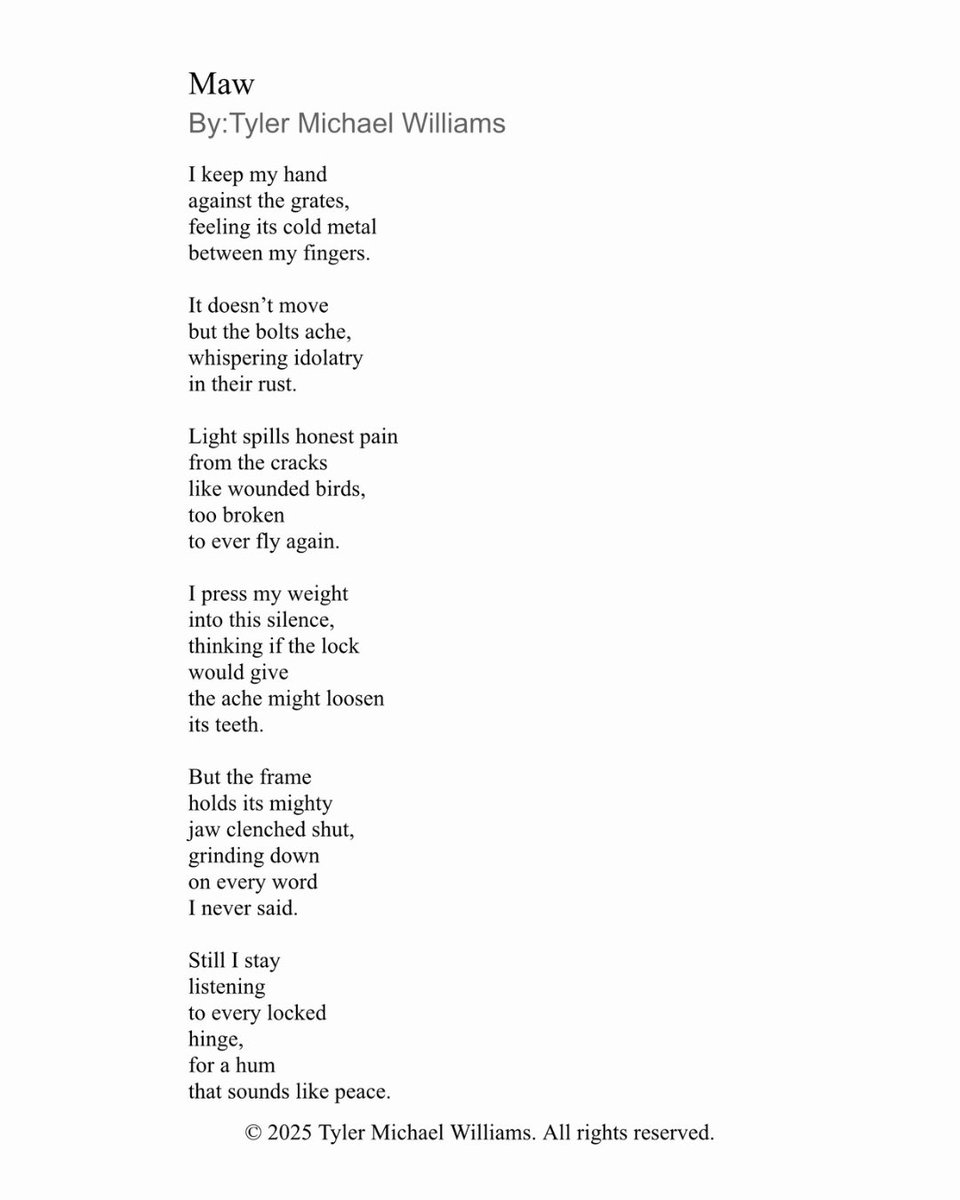 thespiritnamed's tweet image. Not every door yields when you knock.
Some keep their hunger locked in metal.
#poetry #amwriting #writingcommunity #poetsofX