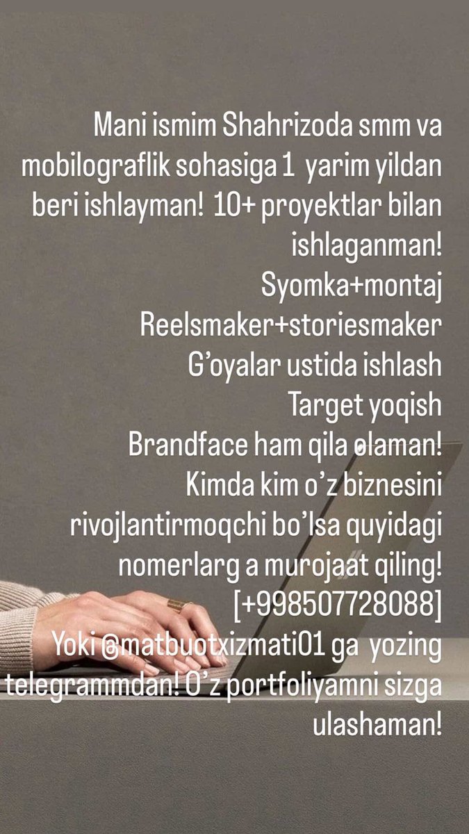 Doʻstlar, jiyanim ish qidiryapti. Tajribali, iste’dodli qiz. 2 ta proyekt egalari pulini bermay kiydirib ketibdi, Toshkentda yashash xarajatlari u-n yana ish topishi kk. Iltimos, kimga shunday xizmatlar kerak boʻlsa, berilgan kontaktlarga aloqaga chiqing. #rt doimiy duoda💜
