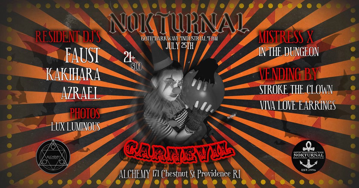 Tonight!

Nocturnal 

🎪CARNEVIL😈

Step into the decadent, dusky world of the old carnival. Think ghostly ringmasters, porcelain-faced dolls, contortionists, macabre clowns, and elegant oddities!🤹‍♂️

DJING 
Faust 
Kahihara
Azreal

IN THE DUNGEON
Mistress X

VENDING
Stroke the