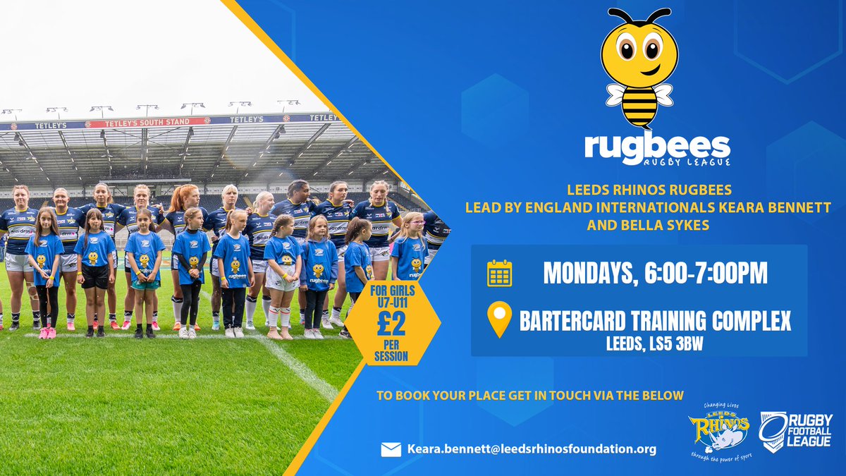 RugbyLeeds's tweet image. We had a fantastic Rugbees session this week on a warm Monday evening! ๐
Interested in joining?
We are open to new players and existing! Open to all girls aged 7-11!
๐
Mondays, 6-7pm
๐๏ธBartercard Training Complex
To register contact keara.bennett@leedsrhinosfoundation.org