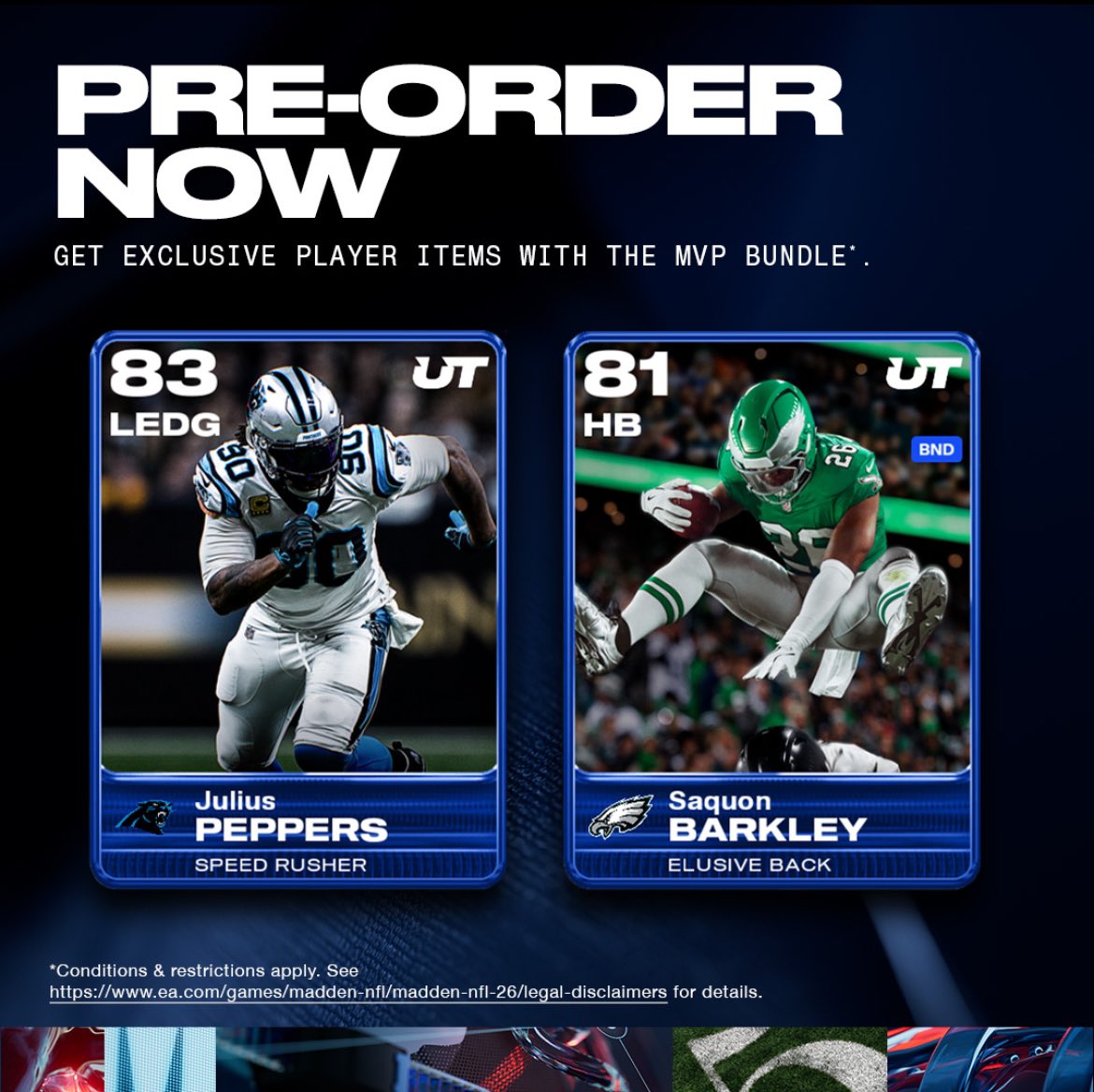 Moshimadden's tweet image. What Version of Madden 26 Gets Which Pre Order Card!
Standard Edition: 81 Overall Cover Athlete Saquan Barkley
Deluxe Edition: 81 Overall Cover Athlete Saquan Barkley, 80 Overall Hall of Fame Legend (pick 1 of 3), 80 overall Jalen Hurts (If you ordered before July 24th)
MVP…
