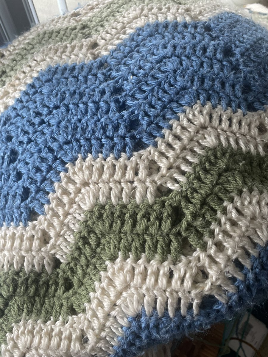 Birdhouse7S's tweet image. A good friend asked me to crochet an afghan for his wife for their anniversary this year. I haven’t done one for a while so after deciding on the colour palette, I agreed. No end date in sight as yet. 
Here are a few that I completed. The last is in progress.