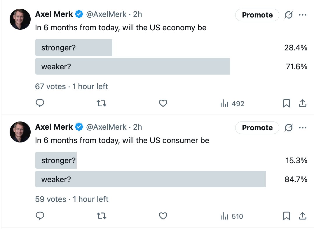 AxelMerk's tweet image. The consumer is ~2/3 of the US economy. If the consumer weakens, doesn’t the economy follow? Yet in my polls, nearly twice as many expect a stronger economy than a stronger consumer. Cognitive bias? Wishful thinking? Or… plausible?