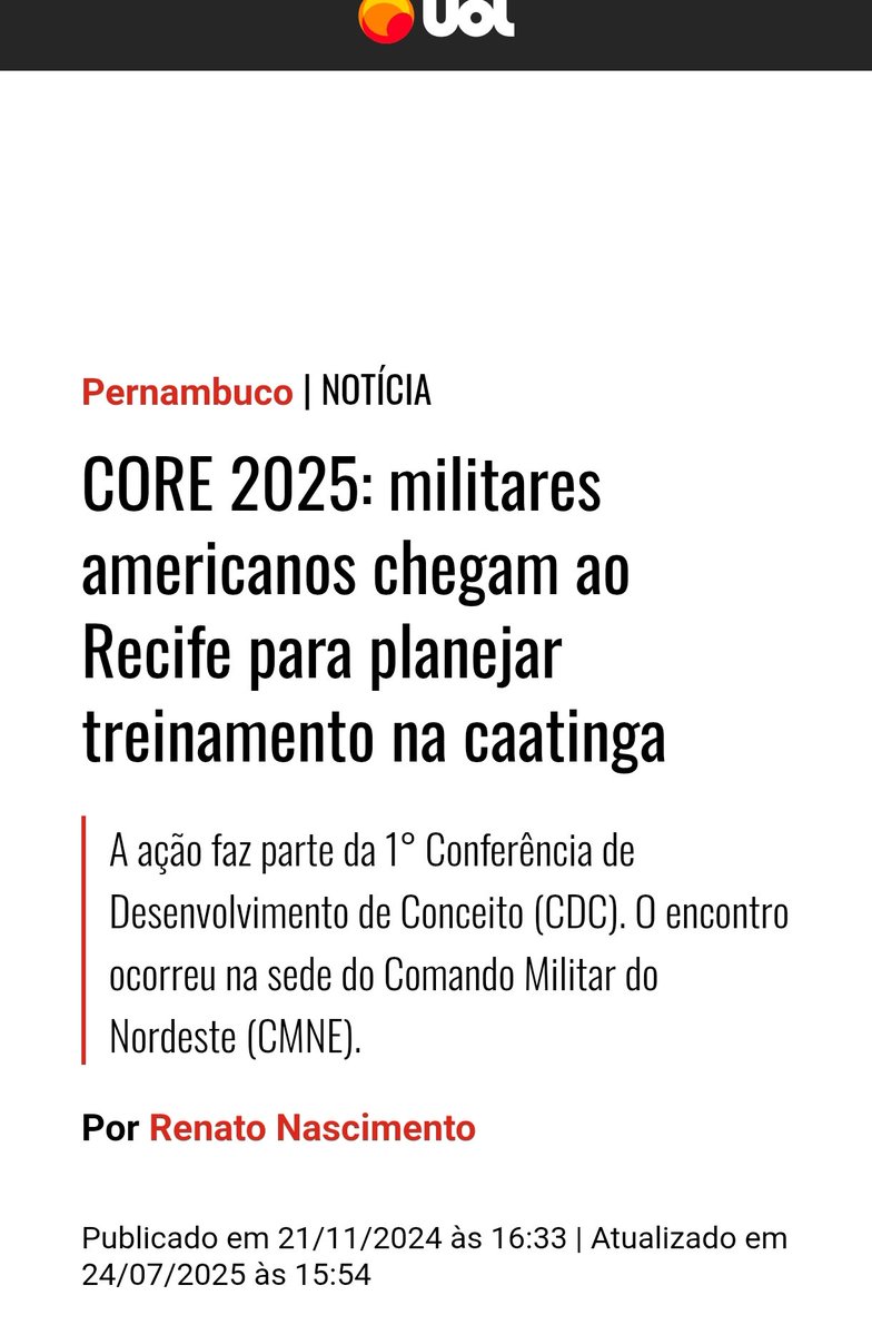 Neste exato momento o Exército brasileiro está apresentando ao exército yankee o bioma da caatinga em um exercício militar. 
É inacreditável um absurdo desses no atual momento de tensão entre os dois países.