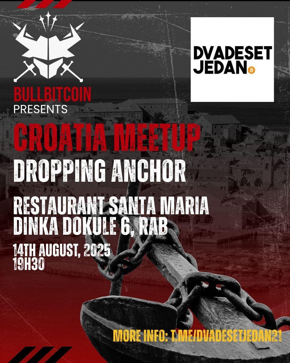 BULLBITCOIN.COM (@bullbitcoin_) on Twitter photo 🚨 Bull Bitcoin is coming to an island near you!
On the 14th of August we are dropping anchor on Rab Island, Croatia 🇭🇷 for a special meetup in collaboration with <a href="/dvadesetjedan21/">dvadesetjedan</a>
Come share drinks and food with us, and get ready for some based pleb banter!
More infos 👇 🚨 Bull Bitcoin is coming to an island near you!
On the 14th of August we are dropping anchor on Rab Island, Croatia 🇭🇷 for a special meetup in collaboration with <a href="/dvadesetjedan21/">dvadesetjedan</a>
Come share drinks and food with us, and get ready for some based pleb banter!
More infos 👇