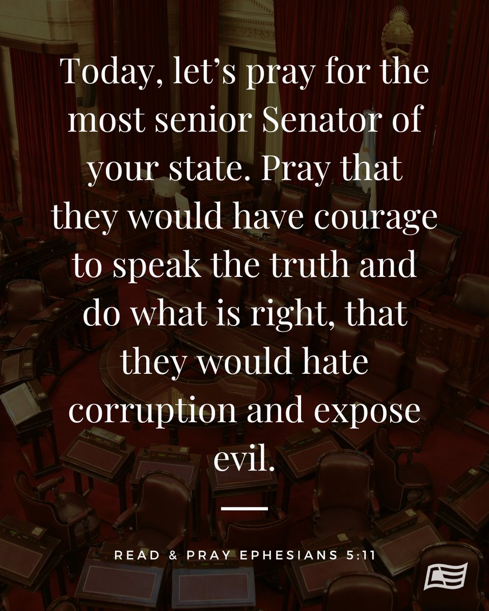 PrayVoteEngage's tweet image. This week, we're lifting up the senior Senators from our states. Pray for your senator by name. 🙏🇺🇸
🔎 If you don't know who the senior senator is in your state, you can look them up here: congress.gov/members/find-y…