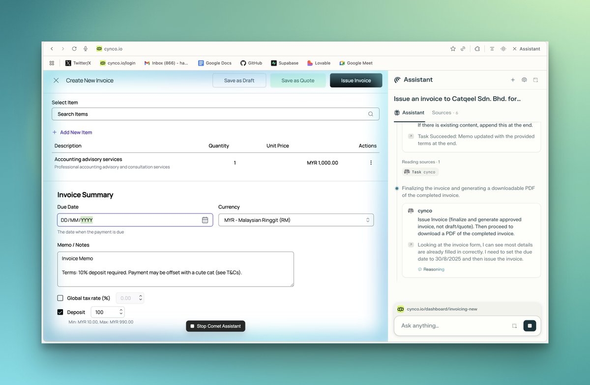 hazlijohar's tweet image. used Comet to gen an invoice w/ our app.. kinda struggled at first. UX wasn’t clear to the AI, so it went trial/error mode. took a bit.
but when the invoice had been issued before, it went full g.o.a.t mode. filled everything in sec (i can't even see it), downloaded it, sent it…
