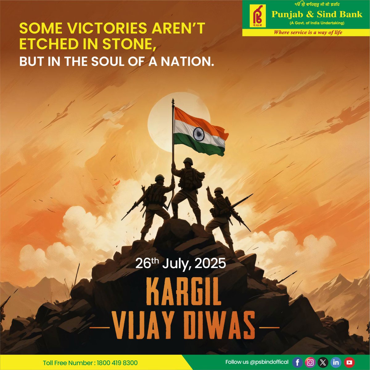 Punjab & Sind Bank (@psbindofficial) on Twitter photo On this Kargil Vijay Diwas, tributes & salutes to the brave hearts who fought valiantly to protect the motherland.
Jai Hind !!
<a href="/adgpi/">ADG PI - INDIAN ARMY</a>
<a href="/IAF_MCC/">Indian Air Force</a>
<a href="/indiannavy/">SpokespersonNavy</a>
<a href="/SpokespersonMoD/">Ministry of Defence, Government of India</a>
<a href="/DFS_India/">DFS</a>
#PunjabSindBank
#KargilVijayDiwas #PSBGauravBachat #DefenceSalaryPackage On this Kargil Vijay Diwas, tributes & salutes to the brave hearts who fought valiantly to protect the motherland.
Jai Hind !!
<a href="/adgpi/">ADG PI - INDIAN ARMY</a>
<a href="/IAF_MCC/">Indian Air Force</a>
<a href="/indiannavy/">SpokespersonNavy</a>
<a href="/SpokespersonMoD/">Ministry of Defence, Government of India</a>
<a href="/DFS_India/">DFS</a>
#PunjabSindBank
#KargilVijayDiwas #PSBGauravBachat #DefenceSalaryPackage