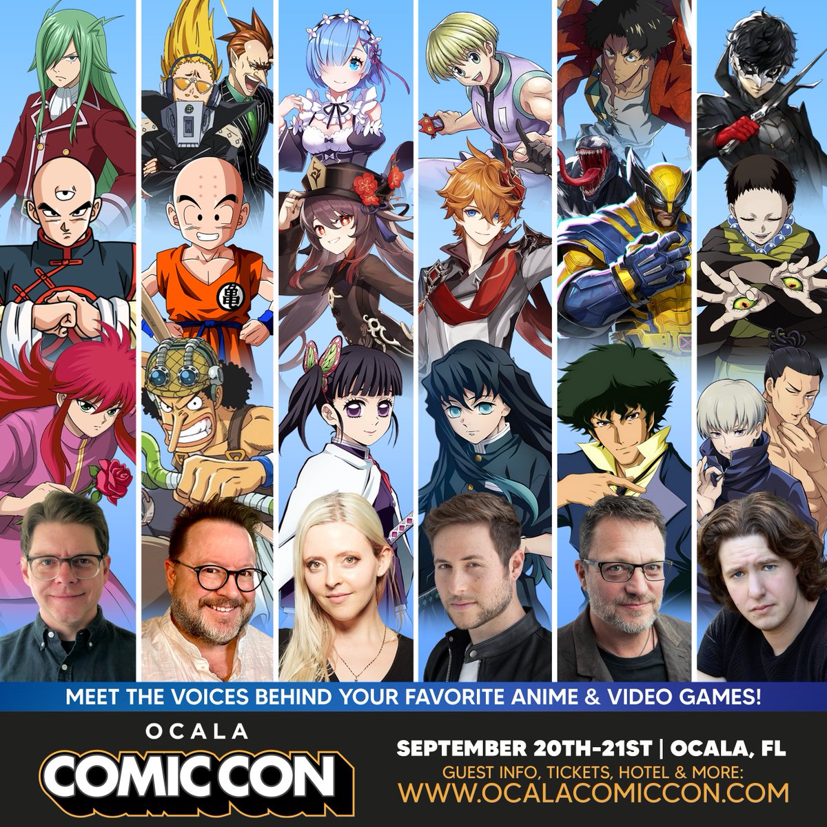 OcalaComicCon's tweet image. Meet the voices behind your favorite Anime and Video Games at this year's Ocala Comic Con! John Burgmeier, Sonny Strait, Brianna Knickerbocker, Griffin Burns, Steve Blum, and Xander Mobus will be attending.
Guest Info, Tickets, and More: ocalacomiccon.com