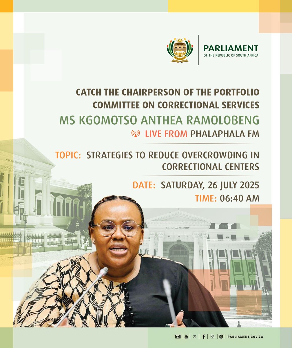 JustSecuCluster's tweet image. Catch the Chairperson of PC on Correctional Services, Ms Kgomotso Anthea Ramolobeng on PhalaphalaFM 📻 @ParliamentofRSA @DCS_ZA @DOJCD_ZA @GovernanceClus1 @DefenceCluster @EconoCluster @HealthSocClust @FinanceCluster