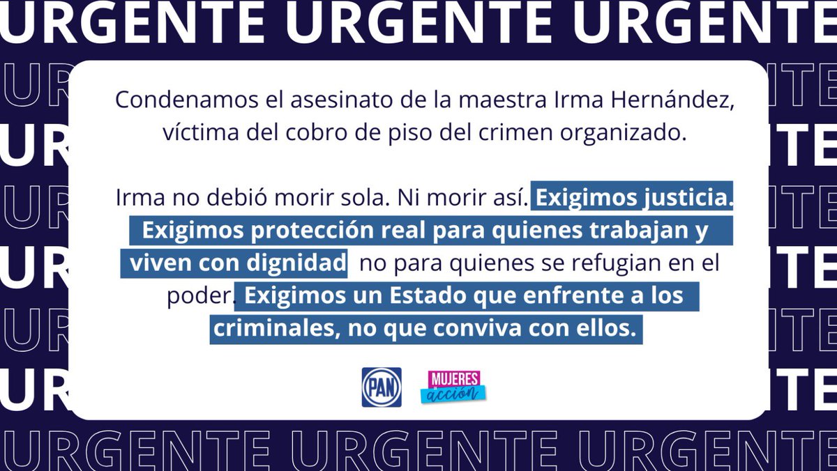 Condenamos el asesinato de la maestra Irma Hernández, víctima del cobro de piso del crimen organizado.
Irma no debió morir sola. Ni morir así. 1/2