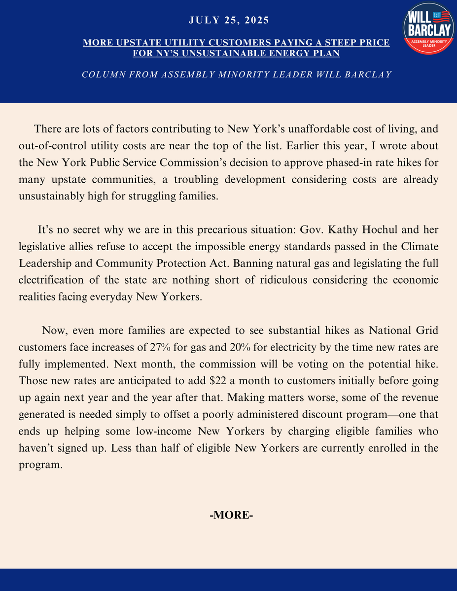 WillABarclay's tweet image. NY’s energy plan is failing — and New Yorkers are paying the price.
Utility bills keep climbing in upstate communities while Democrats put costly climate goals ahead of affordability.
Ratepayers deserve real solutions, not higher costs.