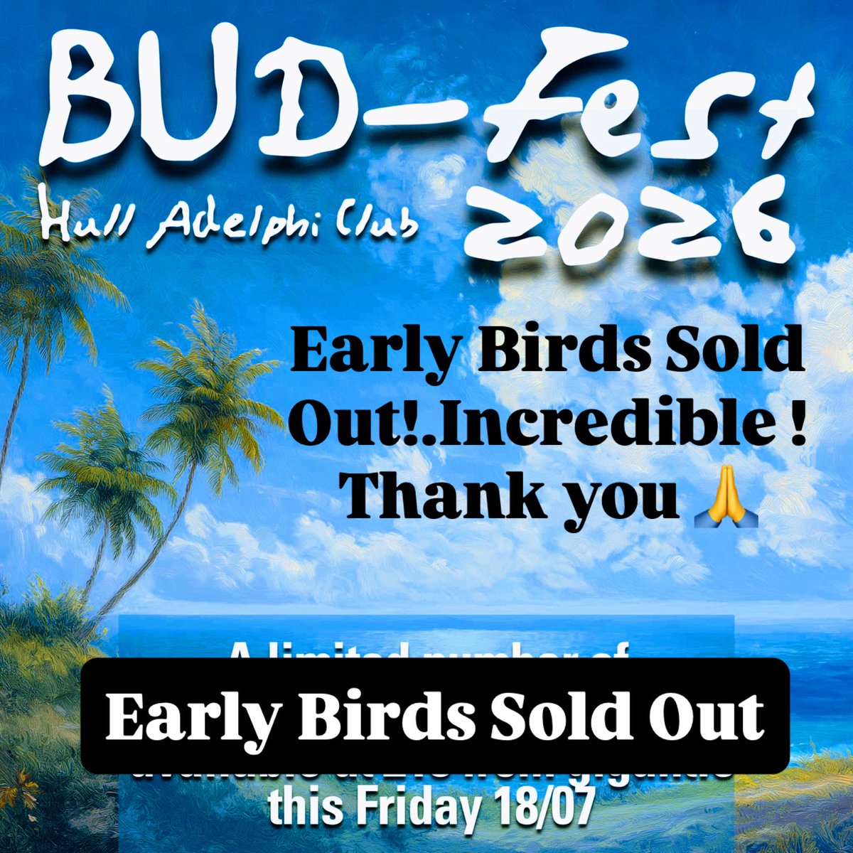 BUDfest (@bud_festival) on Twitter photo We put some Early Birds up a week ago! They are sold out. ! No bands announced, just built on pure reputation of this festival 🙏 Thank you to all who keep the faith.. Full line up coming in about 6/7 weeks. ❤️🅰️
<a href="/TheAdelphiClub/">The New Adelphi Club</a>
<a href="/JerichoKeys/">Jericho Keys</a>
<a href="/livemusicinhull/">Live Music In Hull</a>
<a href="/bbcintroducing/">BBC Music Introducing</a> We put some Early Birds up a week ago! They are sold out. ! No bands announced, just built on pure reputation of this festival 🙏 Thank you to all who keep the faith.. Full line up coming in about 6/7 weeks. ❤️🅰️
<a href="/TheAdelphiClub/">The New Adelphi Club</a>
<a href="/JerichoKeys/">Jericho Keys</a>
<a href="/livemusicinhull/">Live Music In Hull</a>
<a href="/bbcintroducing/">BBC Music Introducing</a>