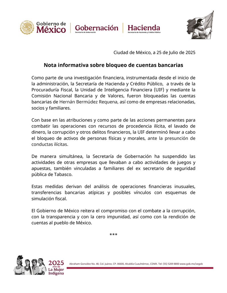 Jenaro Villamil (@jenarovillamil) on Twitter photo En comunicado <a href="/Hacienda_Mexico/">Hacienda</a> informa que la Unidad de Inteligencia Financiera (UIF) bloqueó las cuentas del ex secretario de seguridad de Tabasco, Hernán Bermúdez Requena, así como de las cuentas de empresas, socios y familiares relacionadas. Bermúdez permanece prófugo de la En comunicado <a href="/Hacienda_Mexico/">Hacienda</a> informa que la Unidad de Inteligencia Financiera (UIF) bloqueó las cuentas del ex secretario de seguridad de Tabasco, Hernán Bermúdez Requena, así como de las cuentas de empresas, socios y familiares relacionadas. Bermúdez permanece prófugo de la
