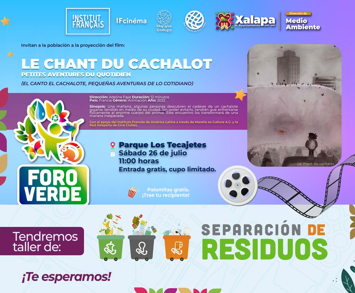 ✨¡Este sábado tenemos actividad en el Foro Verde del Parque Los Tecajetes!🎬💚
📽️ Proyectaremos el corto animado  "Le Chant du cachalot"🐳, un corto que transformará tu perspectiva sobre lo cotidiano.🤯
🗓️Sábado 26 de julio.
🕚11:00 horas.
📍Foro Verde, Parque Los Tecajetes.