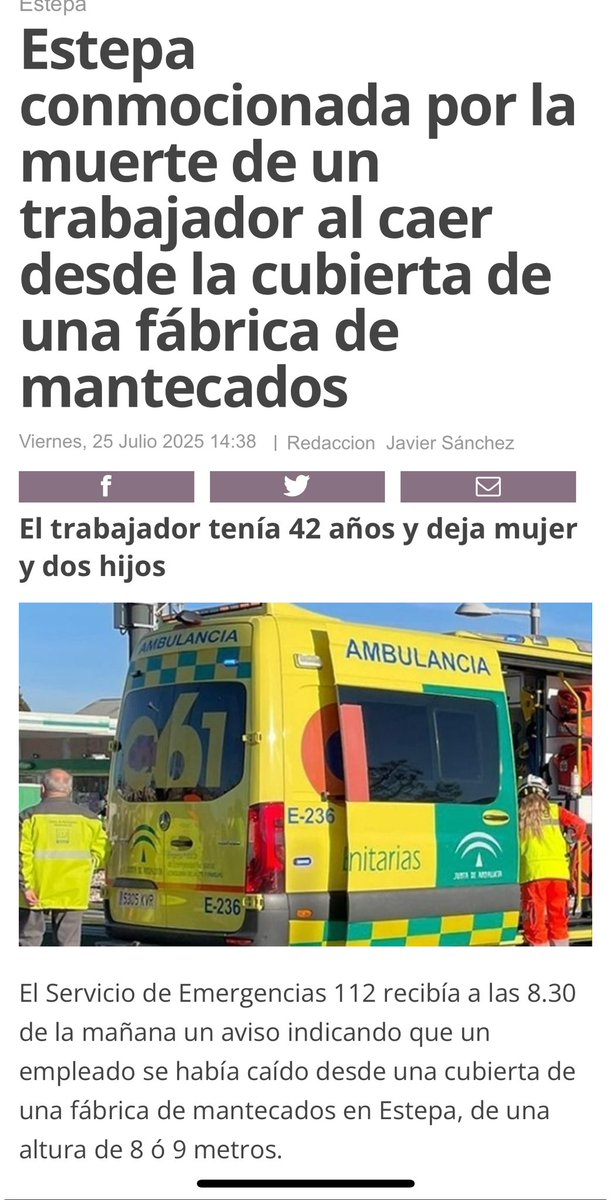 jimolinaarroyo's tweet image. En lo que va de 2025 han muerto en el trabajo cinco personas más que en todo 2024.
Hoy, uno más. Padre de dos hijos.
Es intolerable: accidentes que pueden evitarse.
Salir a trabajar y no volver…
@AndaluciaJunta
@CEAes_
Deben asumir responsabilidades.
Abrazo a su familia.
DEP