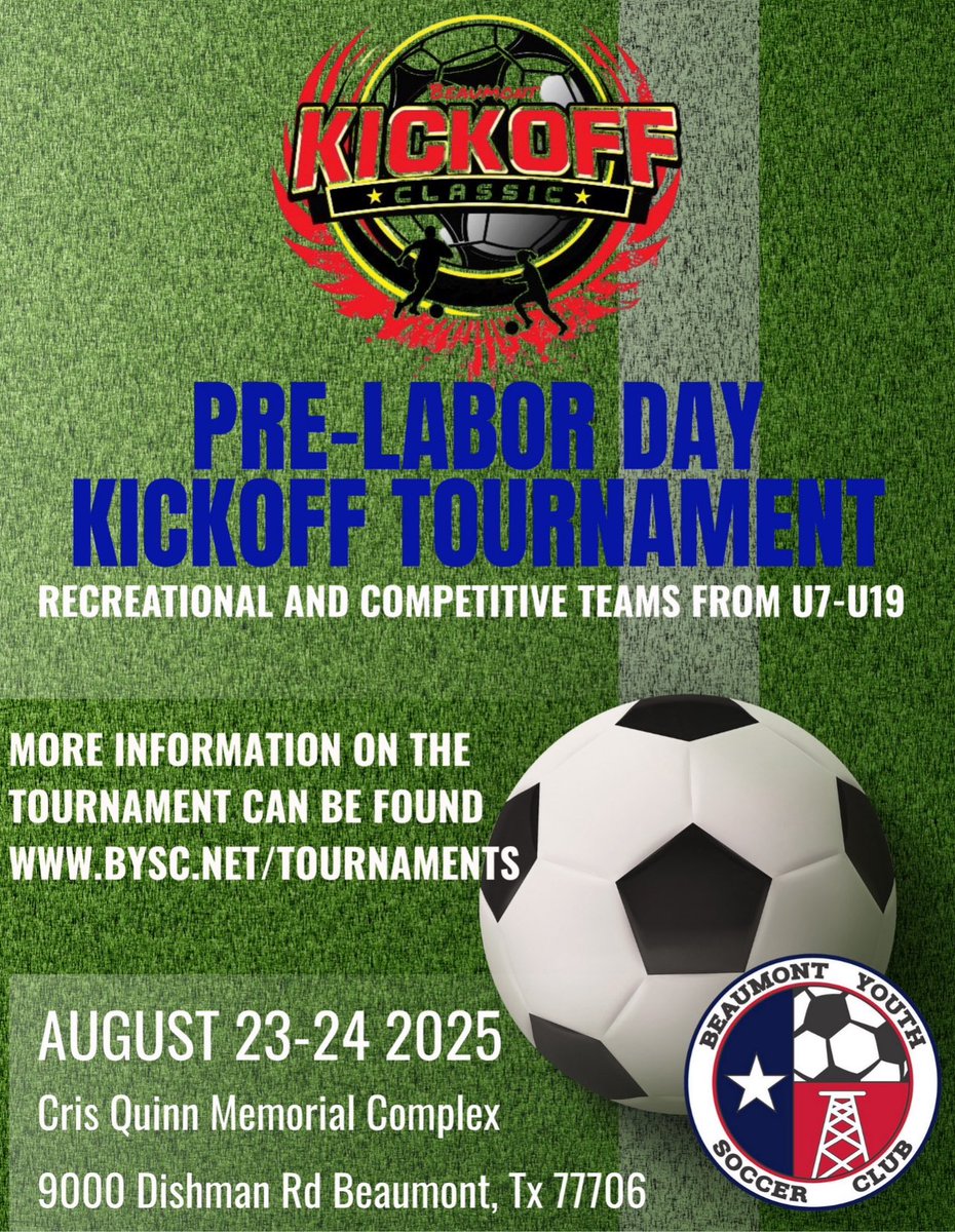 ‼️GREAT TOURNAMENT TO KICK OFF YOUR SEASON‼️

When it comes to preseason tournaments we all have many events to choose from. For our CPA teams we choose the Beaumont Youth Soccer Kickoff Classic because it is the longest running and most organized local event every year. This