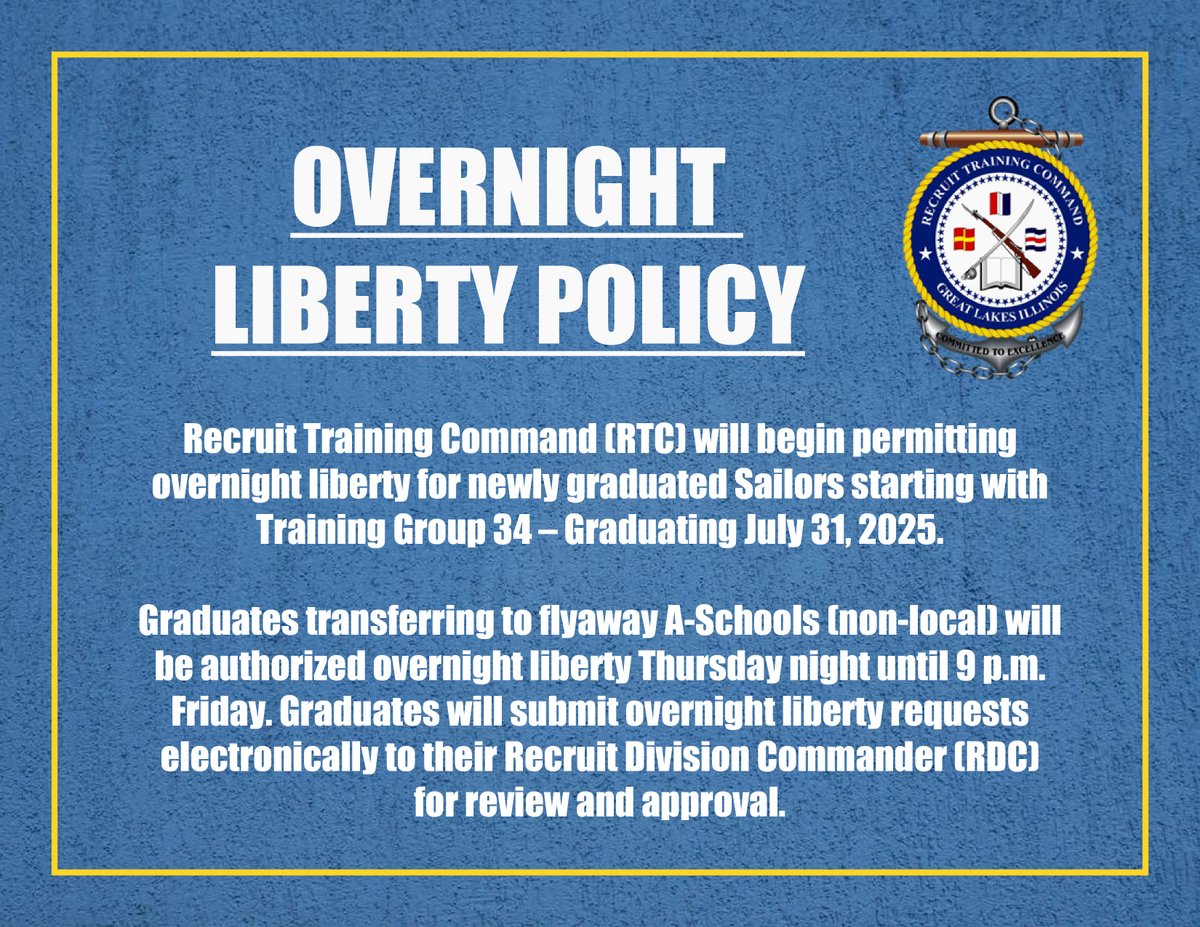 Beginning with Training Group 34, please review our new overnight liberty policy. For further questions, please see our FAQ page: bootcamp.navy.mil/What-to-Expect…