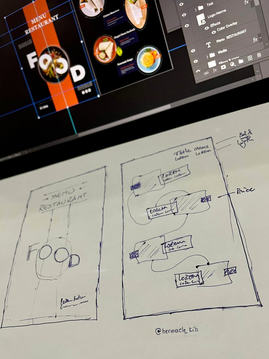 Hermacle_kih_'s tweet image. 🎨 Conception d’un menu restaurant, un exercice créatif pour casser la routine.
Typographie , mise en page soignée, et un zeste de fun 🍽️
Parfois, créer pour le plaisir, c’est aussi progresser 👨🏾💻
#design #graphique #Menudesign #Creativeprocess #Photoshop