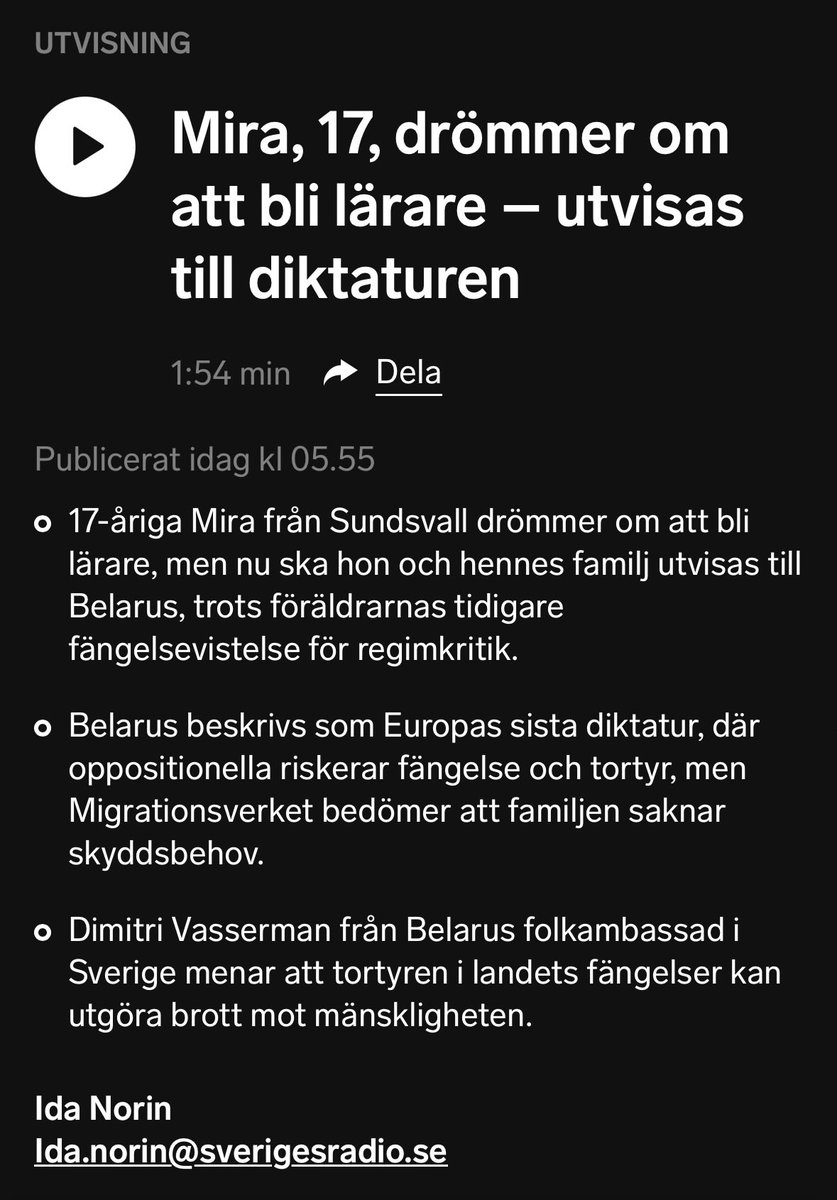 En belarusisk barnfamilj som deltog i fredliga protester 2020 ska nu utvisas till Belarus. Där riskerar de att fängslas och torteras. FN slår fast att tortyren i belarusiska fängelser kan utgöra brott mot mänskligheten. Vad gör Sverige? Vi kommenterar: sverigesradio.se/artikel/mira-1…