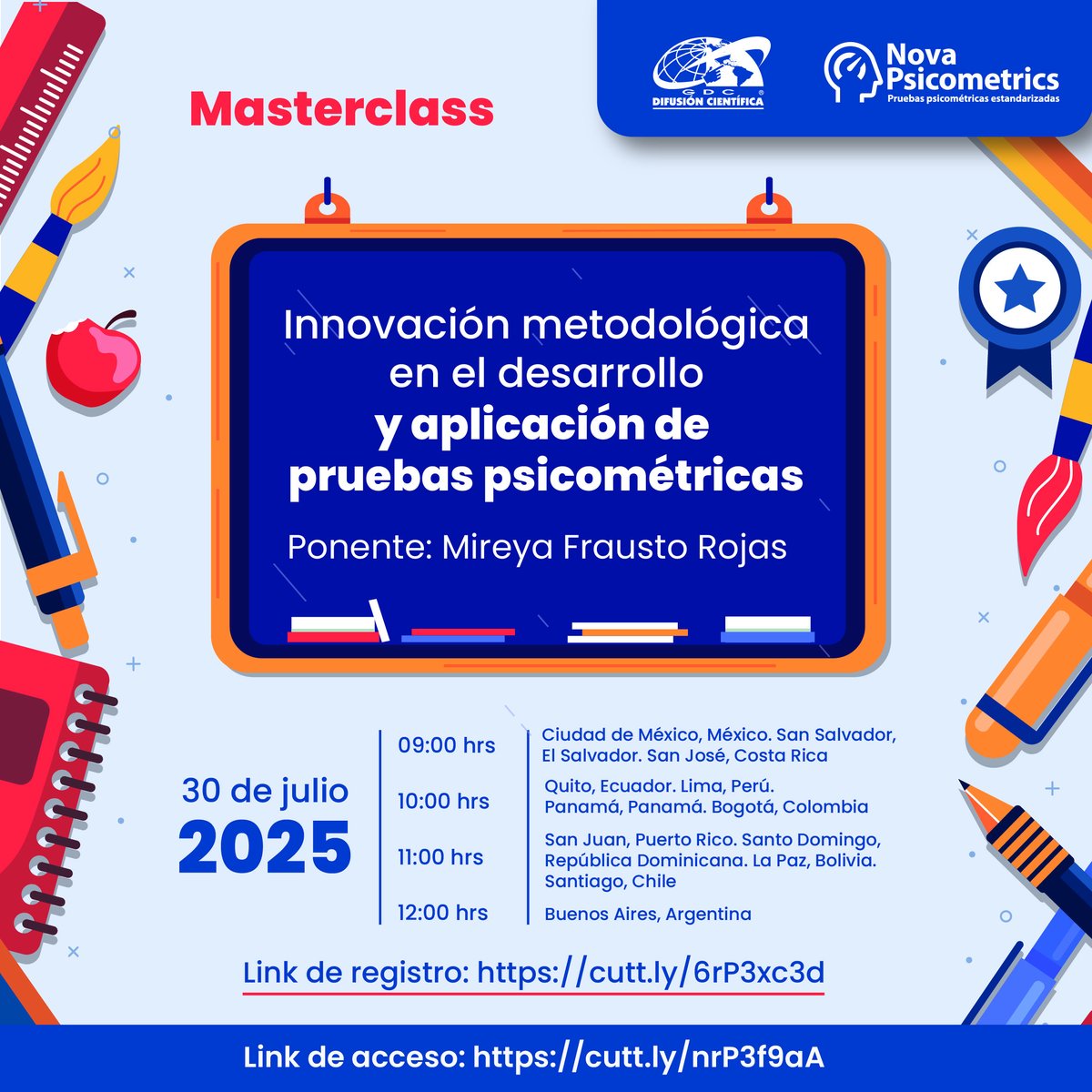 #Marterclass #Gratuita con el tema: 

𝑰𝒏𝒏𝒐𝒗𝒂𝒄𝒊𝒐́𝒏 𝒎𝒆𝒕𝒐𝒅𝒐𝒍𝒐́𝒈𝒊𝒄𝒂 𝒆𝒏 𝒆𝒍 𝒅𝒆𝒔𝒂𝒓𝒓𝒐𝒍𝒍𝒐 𝒚 𝒂𝒑𝒍𝒊𝒄𝒂𝒄𝒊𝒐́𝒏 𝒅𝒆 𝒑𝒓𝒖𝒆𝒃𝒂𝒔 𝒑𝒔𝒊𝒄𝒐𝒎𝒆́𝒕𝒓𝒊𝒄𝒂𝒔.

Link de registro:
cutt.ly/6rP3xc3d

Link de acceso:
cutt.ly/nrP3f9aA