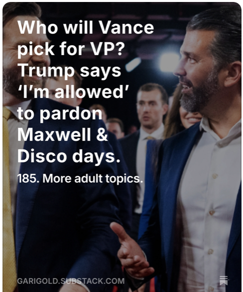GariGold's tweet image. Who will Vance pick for VP? Trump says ‘I’m allowed’ to pardon Maxwell & Disco days., by @GariGold open.substack.com/pub/garigold/p…
