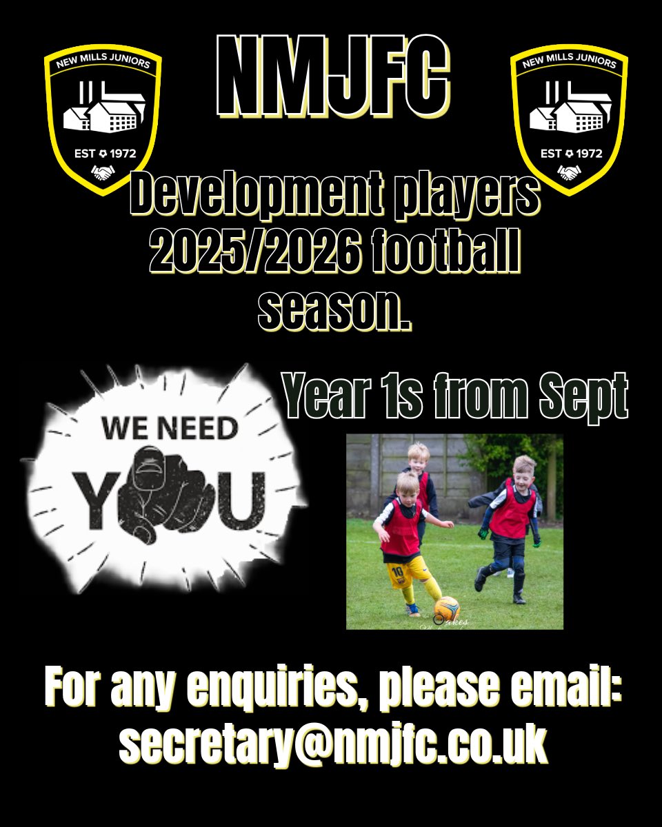 Recruiting time for NMJFC.
Any year 1s from Sept ready to start their football careers?? Well there’s no better place 👍🏻

Looking as well to see if we can get enough reception kids as well for possible recruitment.

Email our secretary if interested.
secretary@nmjfc.co.uk

⚽️🖤💛