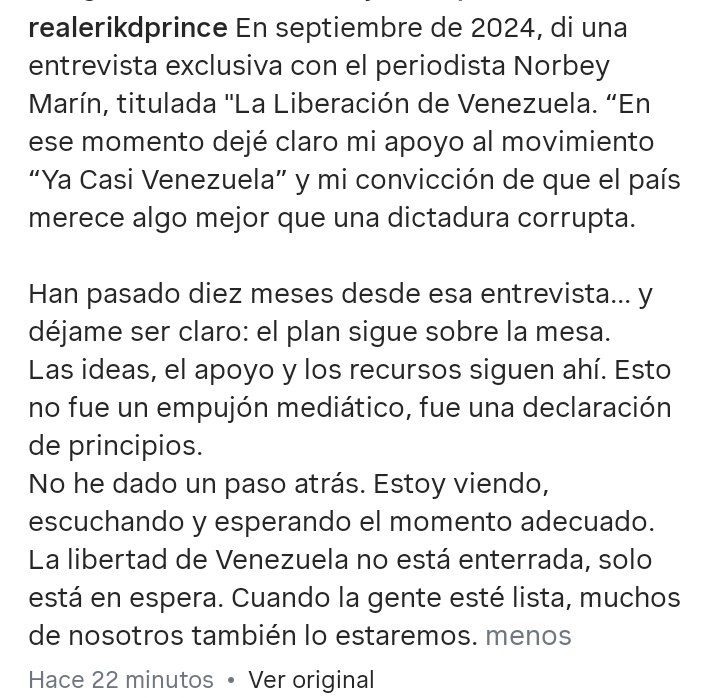 KalebBenIsrael's tweet image. #AHORA | #25Jul 🗣️ Erick Prince @realErikDPrince vía instagram:
"Estoy viendo, escuchando y esperando el momento adecuado. Cuando la gente esté lista, muchos de nosotros también lo estaremos."